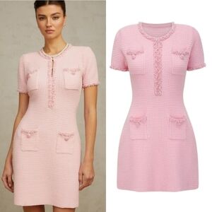 Miss Rosier Eugenie Mini Dress Pink Knit Beaded Size Small Tweed